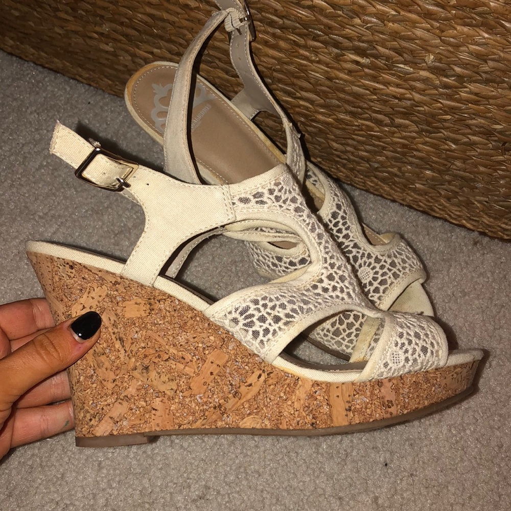 cream floral mesh top wedges